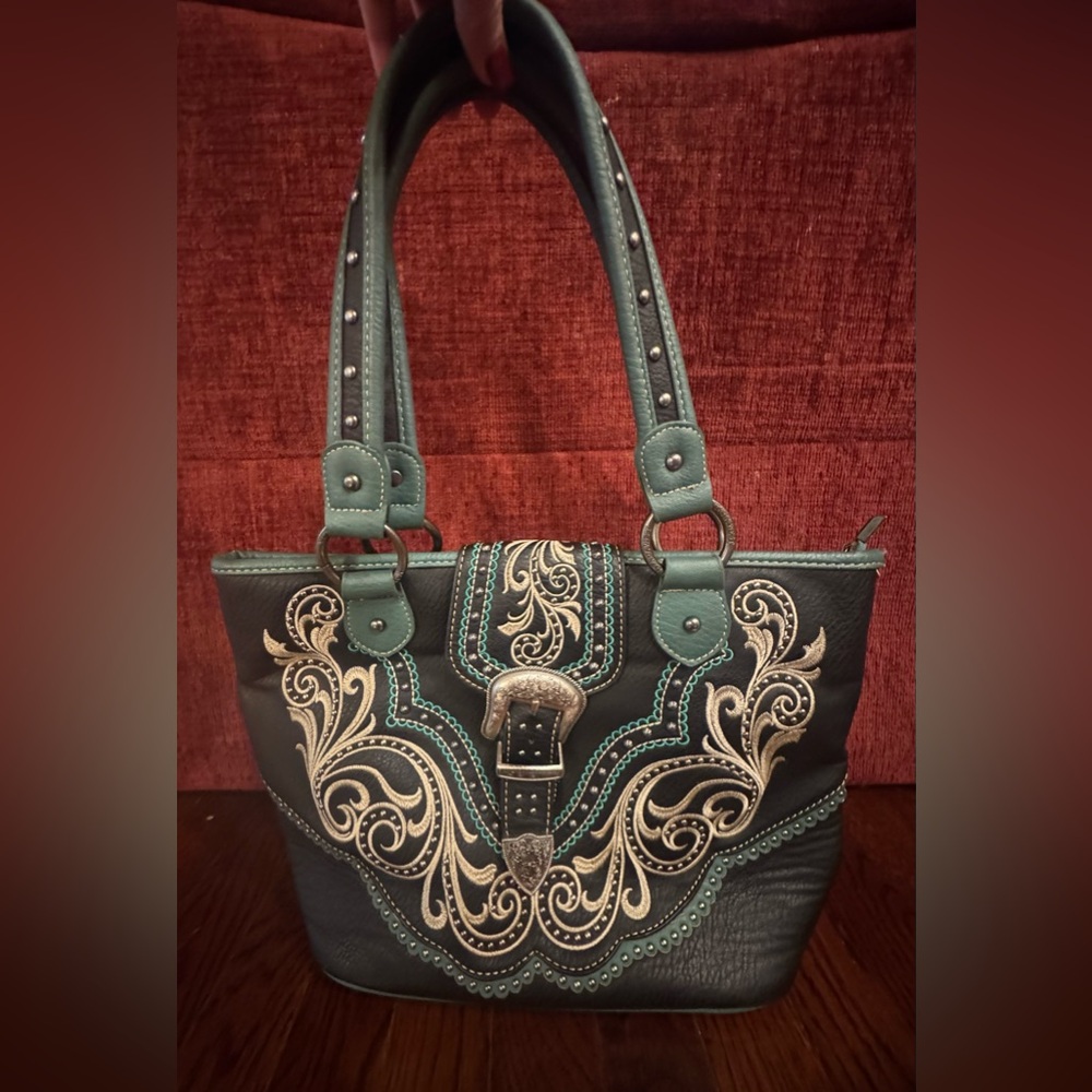 Montana West Buckle Shoulder Tote Purse Concealed Carry Rhinestones Black Blue